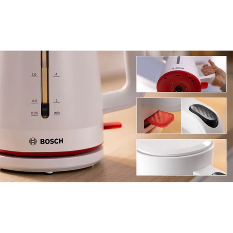 Чайник BOSCH TWK3M121, 1,7 л, 2400 Вт, закрытый нагревательный элемент, пластик, белый 458594 - МСК «Форвард»