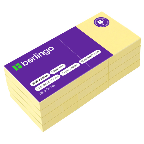 Блок самоклеящийся (стикеры) Berlingo "Ultra Sticky", 50*40мм, 12 блоков по 100л., пастель, желтый LSn_39000 270271 - МСК «Форвард»