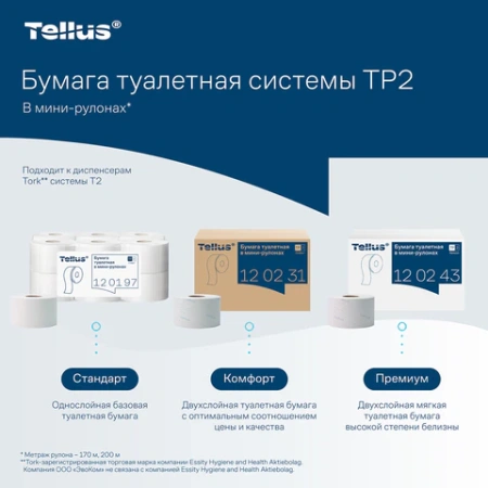 Бумага туалетная 200 метров, Tellus/TORK (Система T2) UNIVERSAL, 1-слойная, КОМПЛЕКТ 12 рулонов, 120197 124545 - МСК «Форвард»