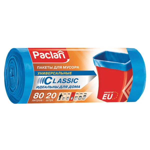 Мешки д/мусора 80л, синие, в рулоне 20шт, ПНД, 12мкм, 70х90см, PACLAN "Classic", 402054 606335