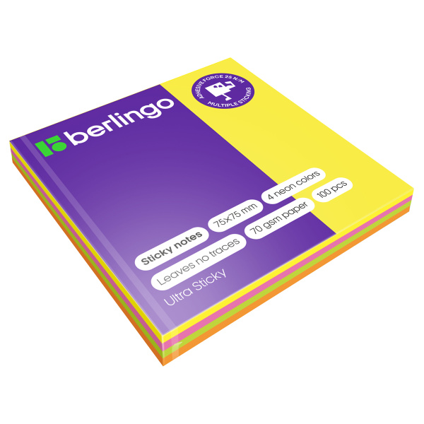 Блок самоклеящийся (стикеры) Berlingo "Ultra Sticky", 75*75мм, 100л., 4 неоновых цвета LSn_39602 270286 - МСК «Форвард»