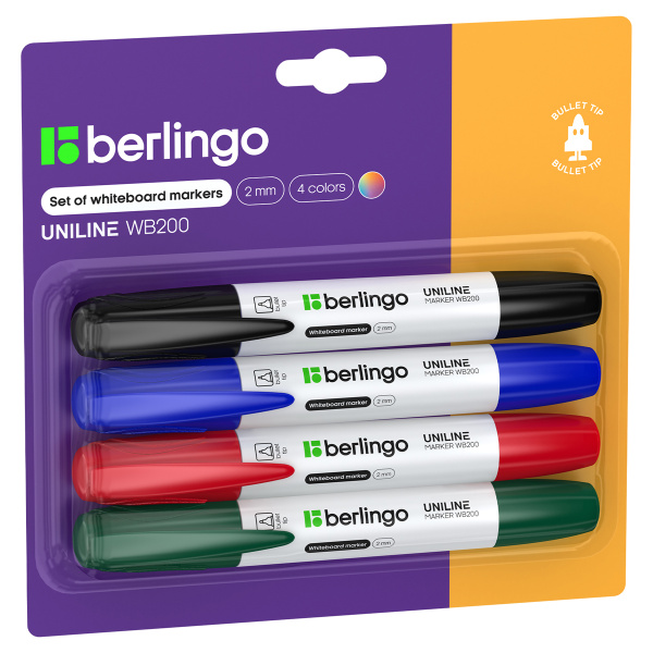 Набор маркеров для белых досок Berlingo "Uniline WB200" НАБОР 4цв., пулевидный, 2мм, блистер BMc_40509 163732