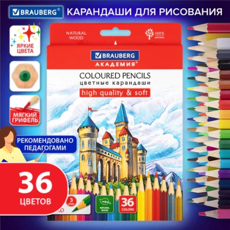 Карандаши цветные мягкие BRAUBERG АКАДЕМИЯ, 36 цветов, шестигранные, грифель 3 мм, натуральное дерево, 181867 - МСК «Форвард»
