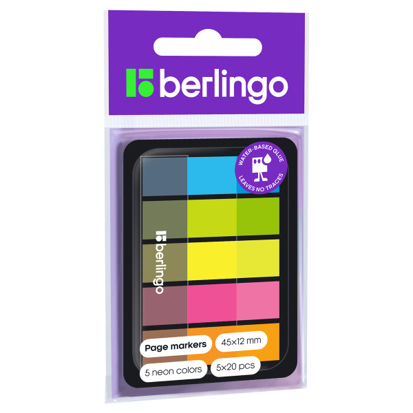 Флажки-закладки пластиковые Berlingo, 45*12мм, 20л*5 неоновых цветов, в диспенсере LSz_45101 155291