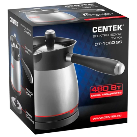 Турка электрическая CENTEK CT-1080, 0,5 л, 480 Вт, механическое управление, с крышкой, стальная, CT-1080 SS 457625 - МСК «Форвард»