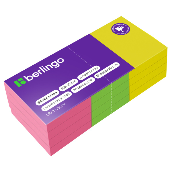 Блок самоклеящийся (стикеры) Berlingo "Ultra Sticky", 50*40мм, 12 блоков по 80л., 3 неоновых цвета LSn_39002 270273 - МСК «Форвард»