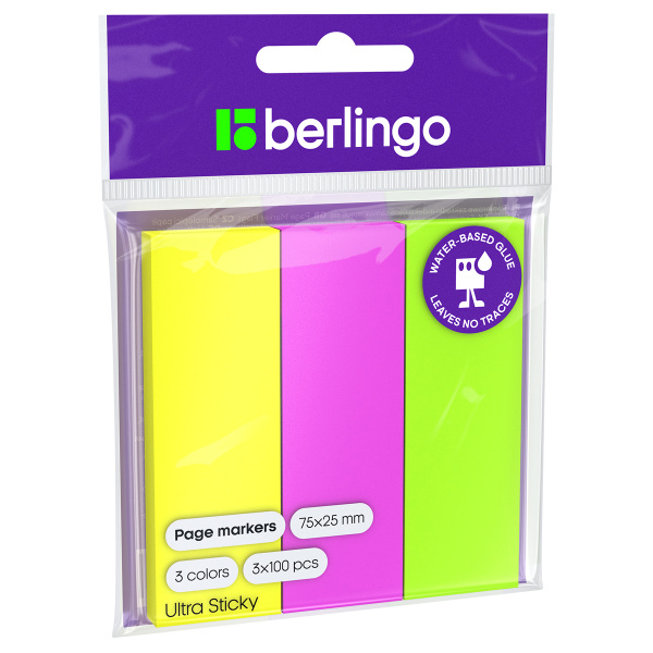 Флажки-закладки бумажные Berlingo "Ultra Sticky", 25*75мм, 100л*3 неоновых цвета, европодвес LSz_41001 287196