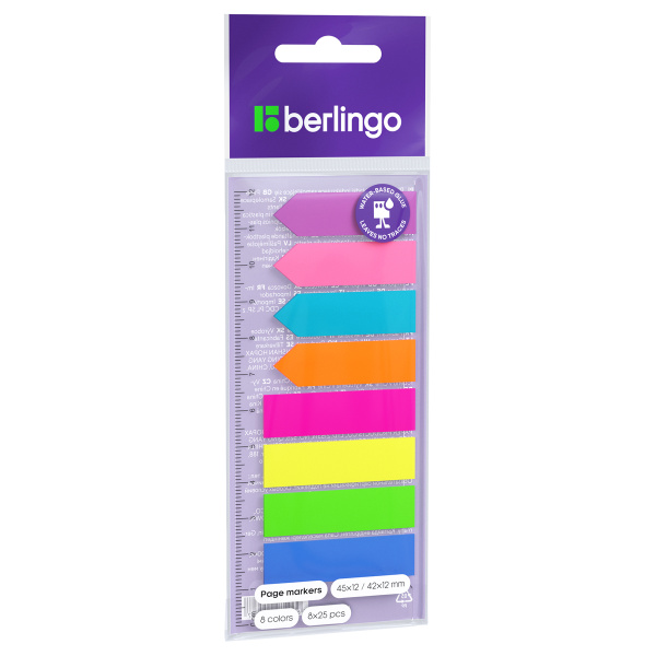 Флажки-закладки пластиковые Berlingo, 45*12/42*12мм, 25л*8 неоновых цветов, с линейкой, европодвес LSz_45128 205669