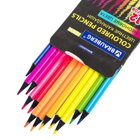 Карандаши цветные BRAUBERG NEON, 12 неоновых цветов, трехгранные, грифель 3 мм, черное дерево, 181852 - МСК «Форвард»