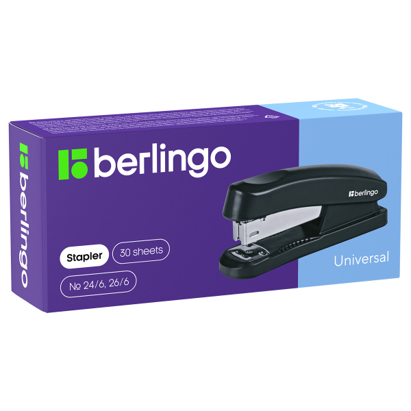 Степлер №24/6, 26/6 Berlingo "Universal" до 30л., пластиковый корпус, черный H3100 103962  - МСК «Форвард»