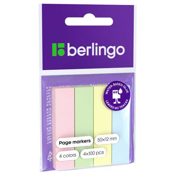 Флажки-закладки Berlingo 12*50мм, 100л*4 пастельных цвета, европодвес LSz_50125 254410
