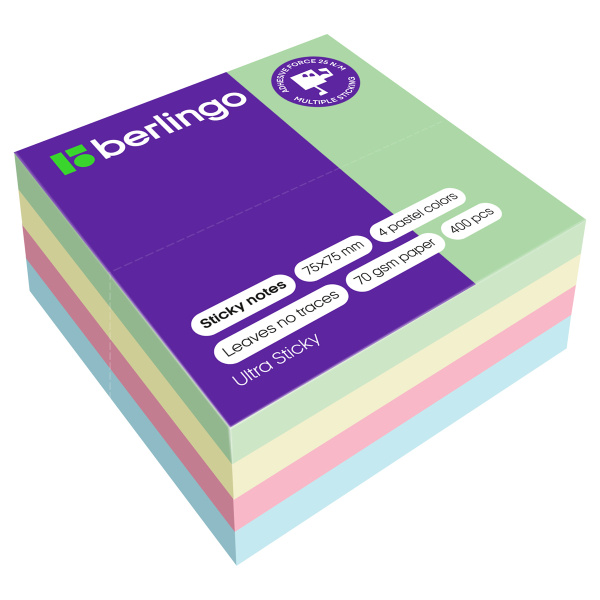 Блок самоклеящийся (стикеры) Berlingo "Ultra Sticky", 75*75мм, 400л., 4 пастельных цвета LSn_40001 270288