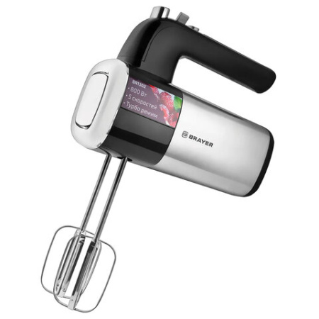 Миксер BRAYER BR1302, 800 Вт, 5 скоростей, 2 венчика, 2 крюка для теста, черный/серебро 456089 - МСК «Форвард»