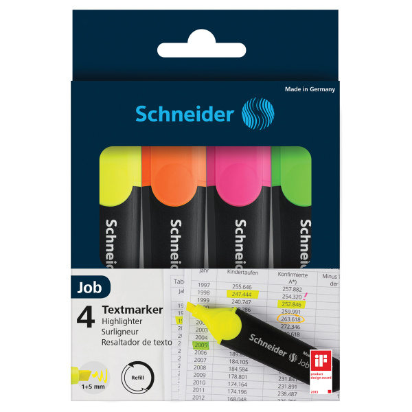 Набор текстовыделителей Schneider "Job" 04цв., 1-5мм, прозрачный чехол/картонная уп 1500 255704 - МСК «Форвард»