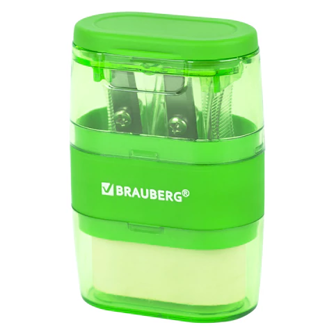 Точилки с ластиком 2 в 1 BRAUBERG "Double", НАБОР 2 ШТУКИ, 2 отверстия, синяя и зеленая, блистер, 271995 - МСК «Форвард»