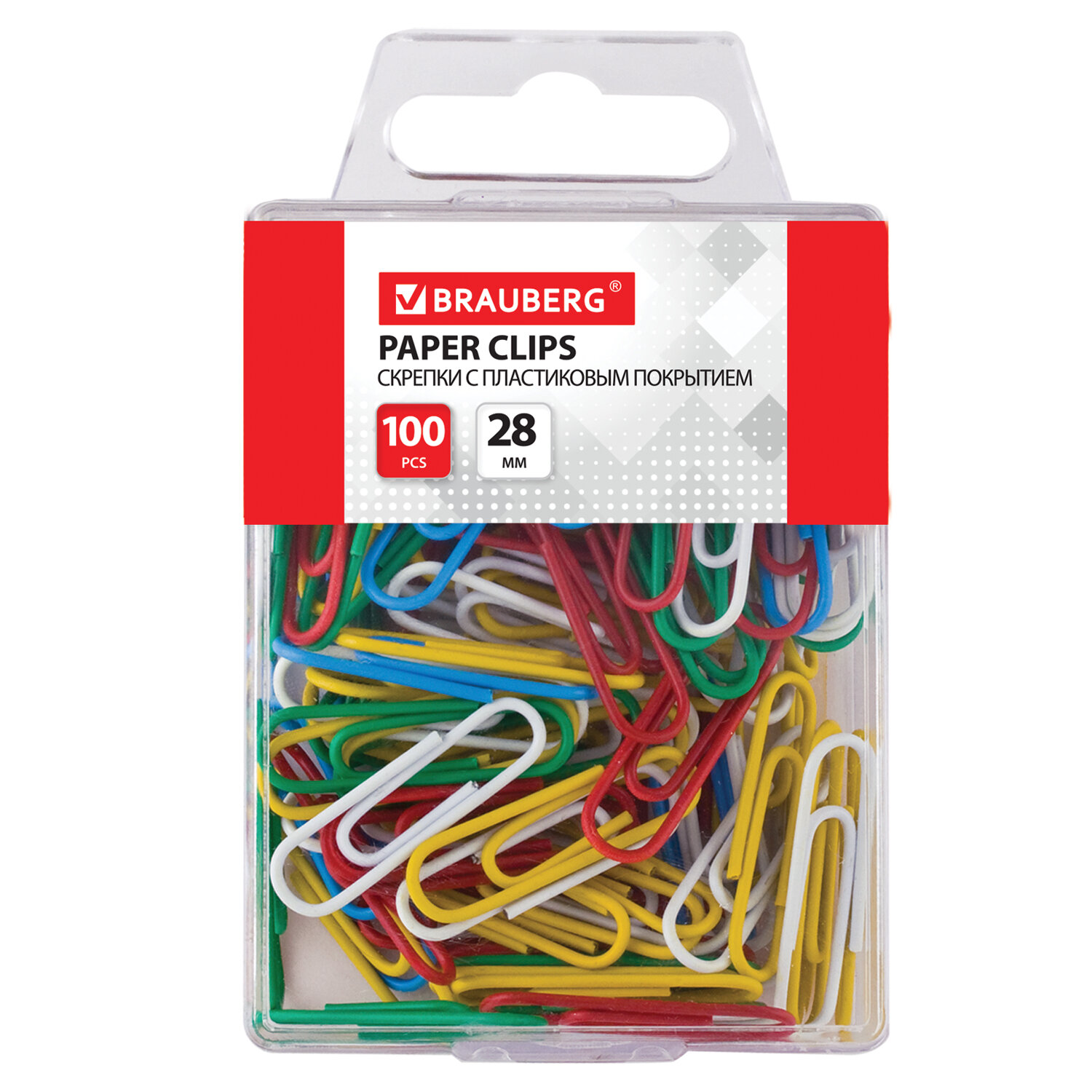 Скрепки BRAUBERG 28 мм цветные, 100 шт. в пласт. кор., 221111