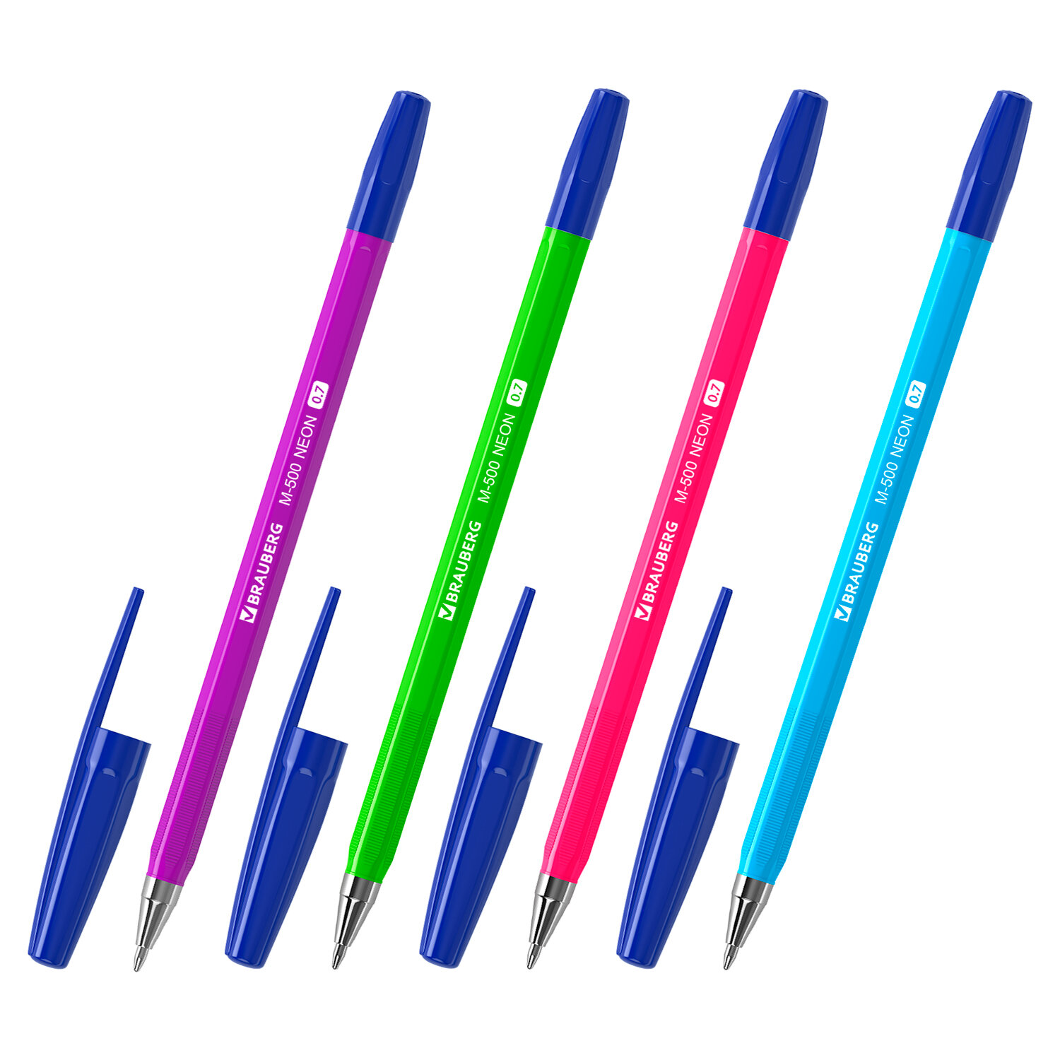 Ручка шариковая BRAUBERG "M-500 NEON", СИНЯЯ, корпус ассорти, 0,7мм, линия письма 0,35мм, 143452