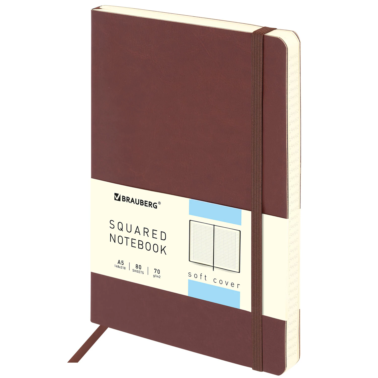 Блокнот А5 148x218мм, BRAUBERG Metropolis Ultra, под кожу, 80л, резинка, клетка, коричневый, 111023
