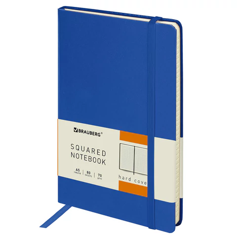 Блокнот А5 148x218мм, BRAUBERG Metropolis, балакрон, 80л, резинка, клетка, синий, 111582