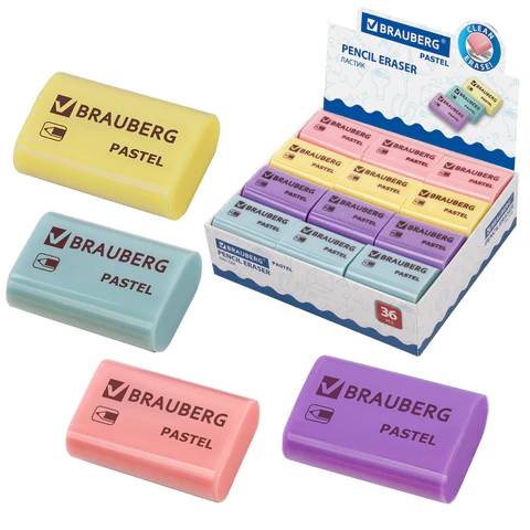 Ластик BRAUBERG "Pastel", 37*24*11мм, ассорти пастельных цветов, экологичный ПВХ, 229582
