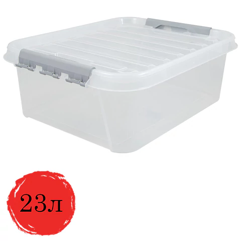 Ящик-контейнер 23 л с КРЫШКОЙ НА ЗАЩЕЛКАХ ПОЛИМЕРБЫТ "ПРОФИ", 18х50х39 см, штабелируемый, ПРОЧНЫЙ, прозрачный, 437940000 608202 - МСК «Форвард»