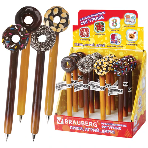 Ручка фигурная "ПОНЧИКИ", КОМПЛЕКТ 12шт СИНЯЯ, 4 дизайна ассорти, 0,5мм, дисплей, BRAUBERG, 142759