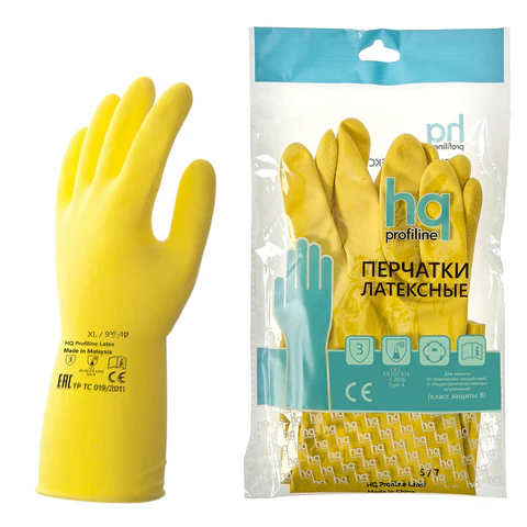 Перчатки латексные КЩС, сверхпрочные, плотные, хлопковое напыление, размер 9,5-10, XL (очень большой), желтые, HQ Profiline, 73590 608752 - МСК «Форвард»