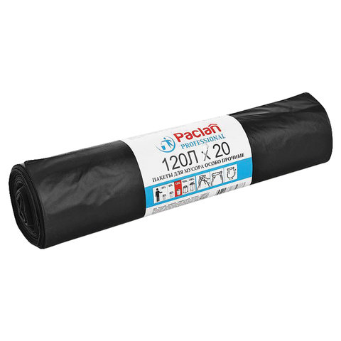 Мешки д/мусора 120л, черн, 20шт, ПВД, 40мкм, 70х110см, PACLAN Professional "Особо прочные", 606337