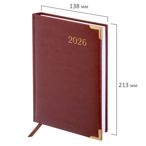 Ежедневник датированный 2026, А5, 138x213 мм, BRAUBERG "Senator", под кожу, коричневый, 117090 - МСК «Форвард»