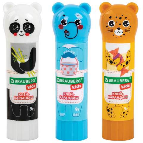 Клей-карандаш "Зверята: панда, слон, леопард" 9 г, фигурный колпачок, 3 шт./блистер, BRAUBERG KIDS, 272473 - МСК «Форвард»