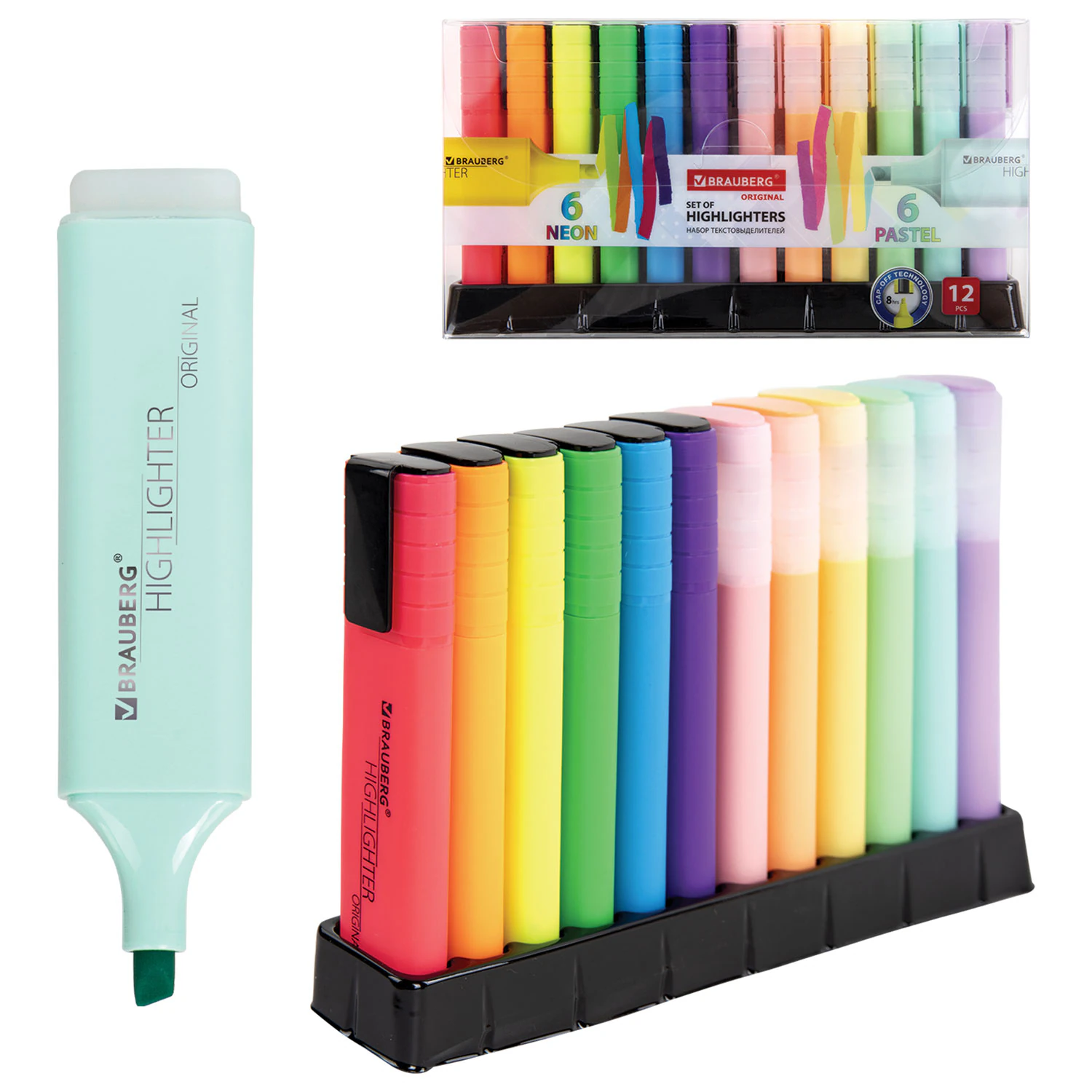 Набор текстовыделителей 12 ЦВЕТОВ на подставке, BRAUBERG "ORIGINAL NEON", линия 1-5 мм, 152217