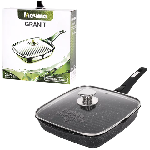 Сковорода ГРИЛЬ квадратная 26 см, съемная soft-touch ручка, крышка, антипригарное покрытие, МЕЧТА "Гранит Black", с066802 700718