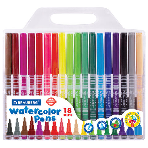 Фломастеры BRAUBERG PREMIUM, 18 цветов, КОРПУС С ПЕЧАТЬЮ, ПВХ-упаковка, 151943