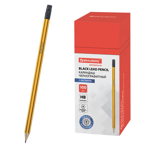Карандаш чернографитный BRAUBERG, 1шт., НВ, с ластиком, корпус желтый с черн полосами, заточ, 180614