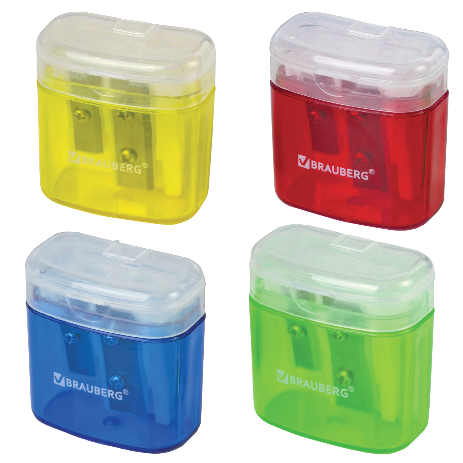 Точилка BRAUBERG CHIEF с контейнером, пластиковая, прямоуг., 2 отверстия, с крышкой, ассорти, 226942