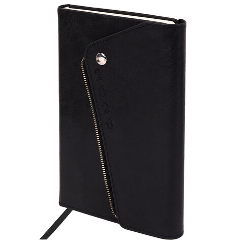 Ежедневник датированный 2026, А5, 145х213 мм, BRAUBERG "Jacket", под кожу, клапан, держатель, черный, 117399 - МСК «Форвард»