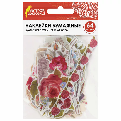 Наклейки для скрапбукинга РОЗЫ из washi-бумаги, 64 штуки, 32 дизайна, ОСТРОВ СОКРОВИЩ, 662266