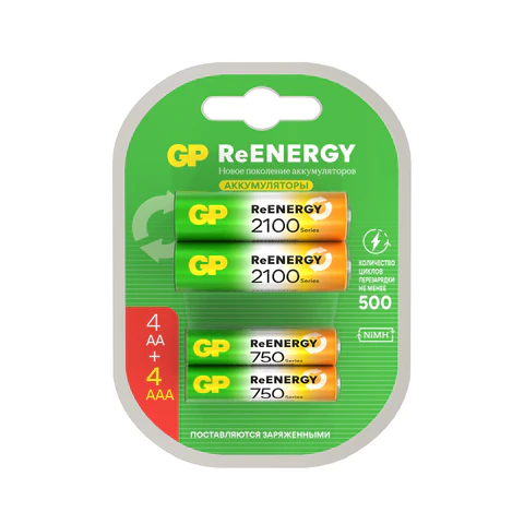 Батарейки аккумуляторные GP ReEnergy Ni-Mh НАБОР 8 шт. (ПРОМО 4+4), AA+ААА (HR6+HR03), 2000 mAh + 750 mAh, 210AAHC/75AAAHC 458462 - МСК «Форвард»