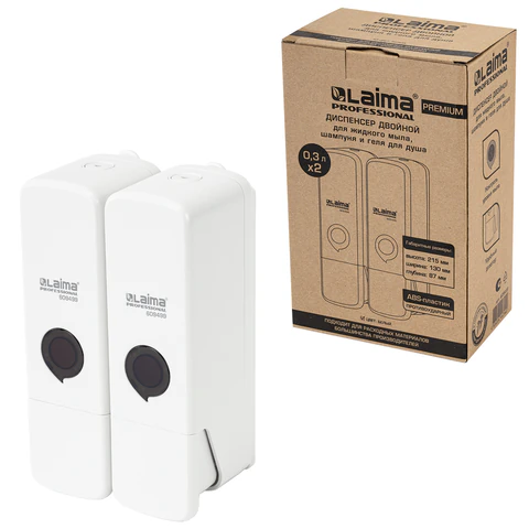 Дозатор двойной 2 х 0,3 л для жидкого мыла/шампуня/геля LAIMA PREMIUM, НАЛИВНОЙ, белый, ABS-пластик, 609499 - МСК «Форвард»