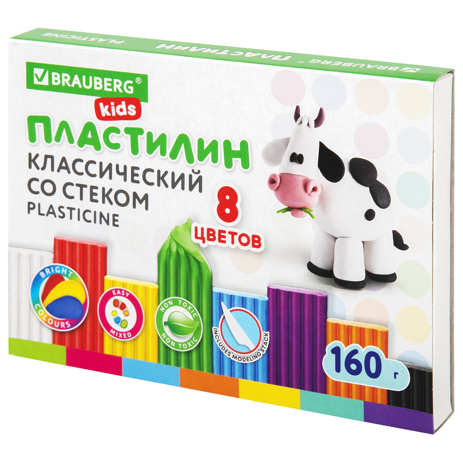 Пластилин классический BRAUBERG KIDS, 8 цветов, 160 г, СО СТЕКОМ, 106501