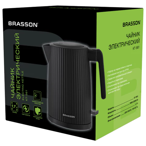 Чайник BRASSON (БРАССОН) KT-561, 1,7 л, 2200 Вт, пластик, подсветка, индикатор уровня воды, черный, 455191 - МСК «Форвард»