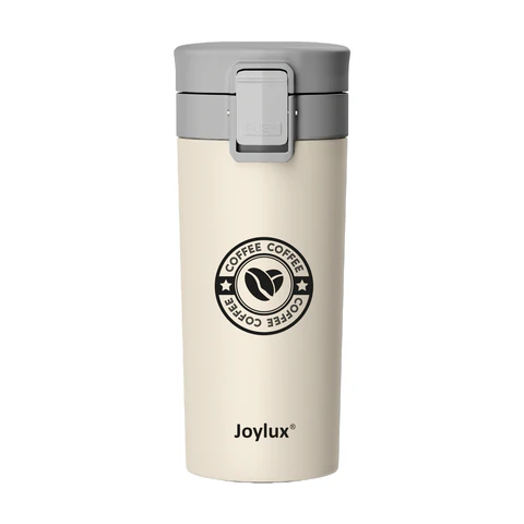 Термокружка 380 мл JOYLUX (ДЖОЙЛЮКС) CLASSIC COFFEE, нержавеющая сталь SUS304, бежевый с принтом, 700273 - МСК «Форвард»