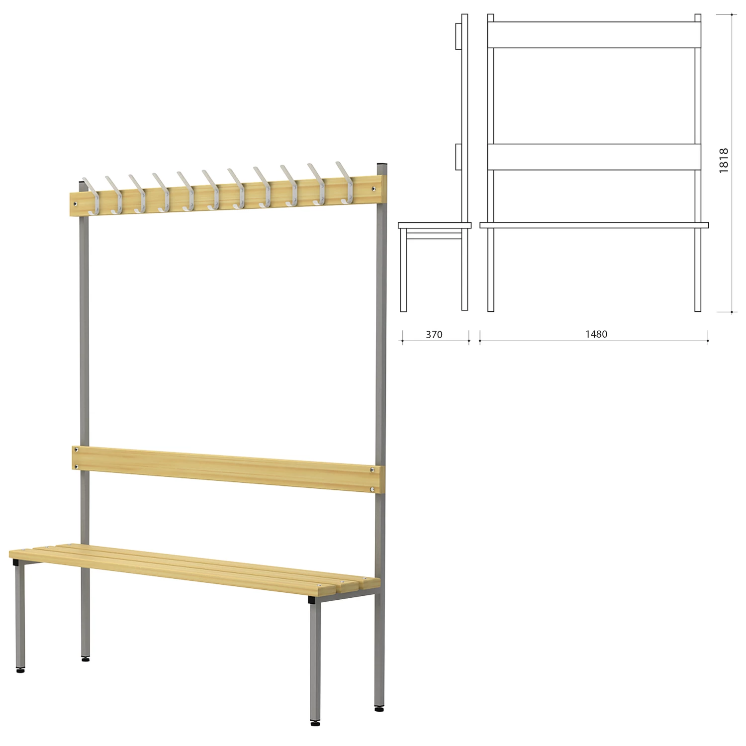 Скамья с вешалкой, спинкой П-091Д/1,5 (в1818*ш1480*г370мм), 11 крючков, дерево, металлокаркас, 601739