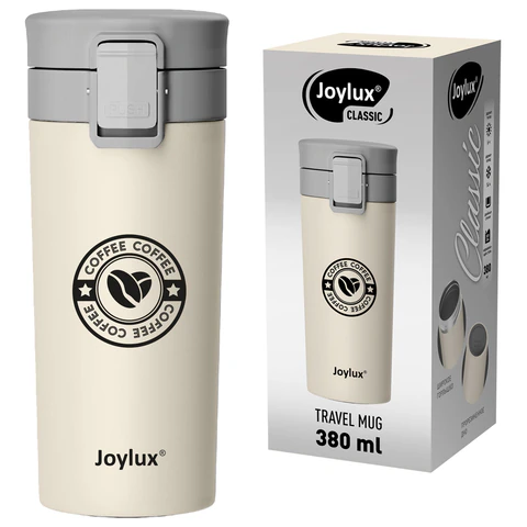 Термокружка 380 мл JOYLUX (ДЖОЙЛЮКС) CLASSIC COFFEE, нержавеющая сталь SUS304, бежевый с принтом, 700273 - МСК «Форвард»