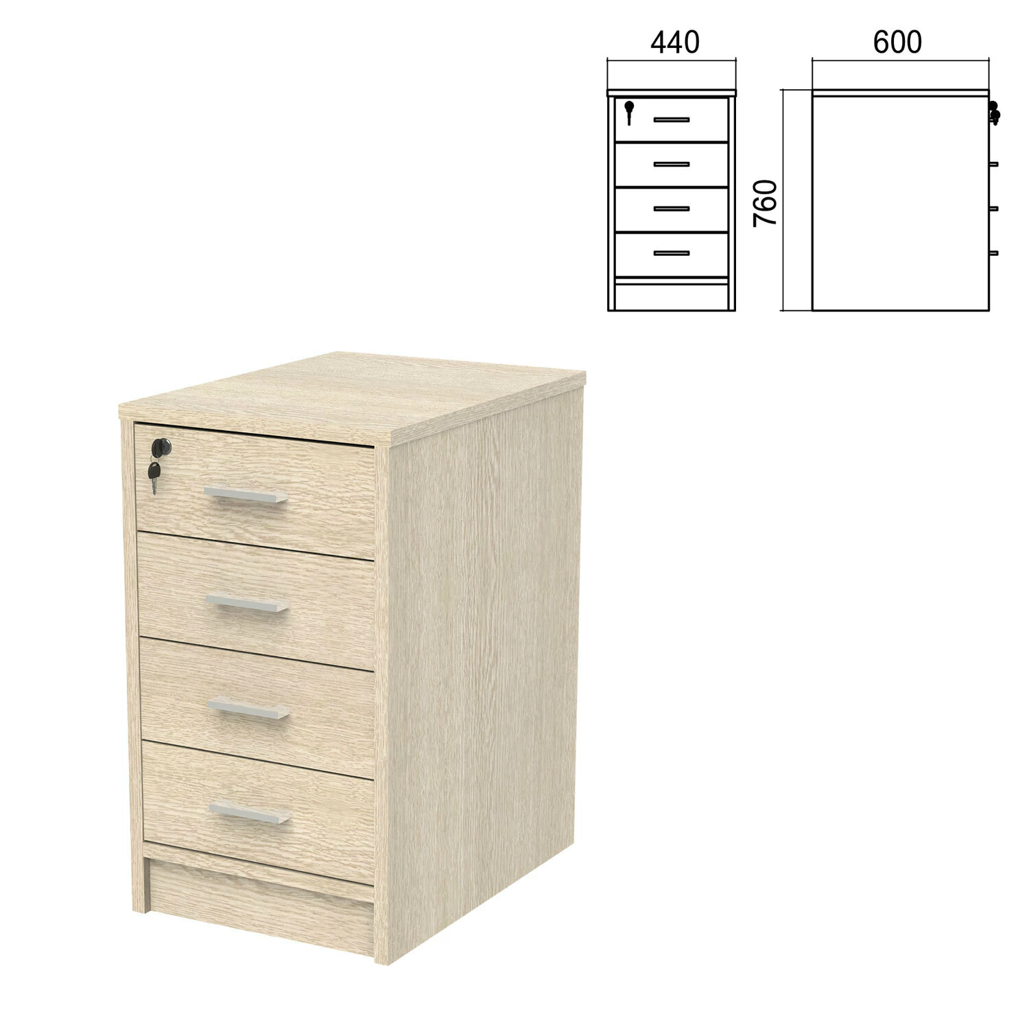Тумба приставная "Арго", 440х600х760 мм, 4 ящика, замок, ясень шимо (КОМПЛЕКТ) 981548