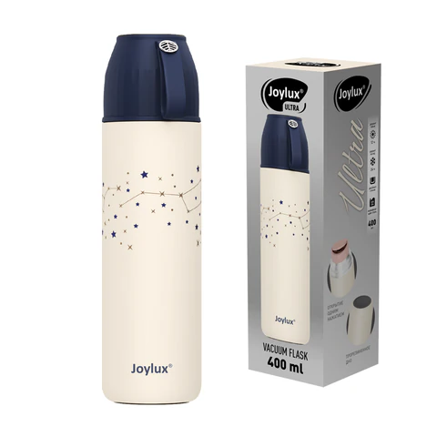 Термос 0,4 л JOYLUX (ДЖОЙЛЮКС) ULTRA, нержавеющая сталь SUS304, крышка/кружка + ремешок, звезды, 700311