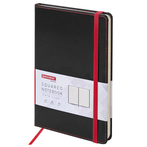 Блокнот А5 148x218мм, BRAUBERG Office, под кожу, 80л, резинка, клетка, черный, 111027