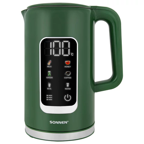 Чайник с терморегулятором и дисплеем, ДВОЙНЫЕ СТЕНКИ, SONNEN KT-8723EG, 1,7 л, 2200 Вт, изумрудный, 454689