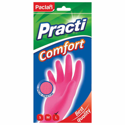 Перчатки хоз. латексные, х/б напыление, разм L (средний), розовые, PACLAN "Practi Comfort", 606355