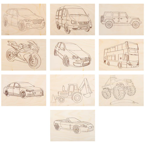 Заготовки деревянные для выжигания "Транспорт", 5 шт., 10 рисунков, 15х21 см, BRAUBERG HOBBY, 665307 - МСК «Форвард»